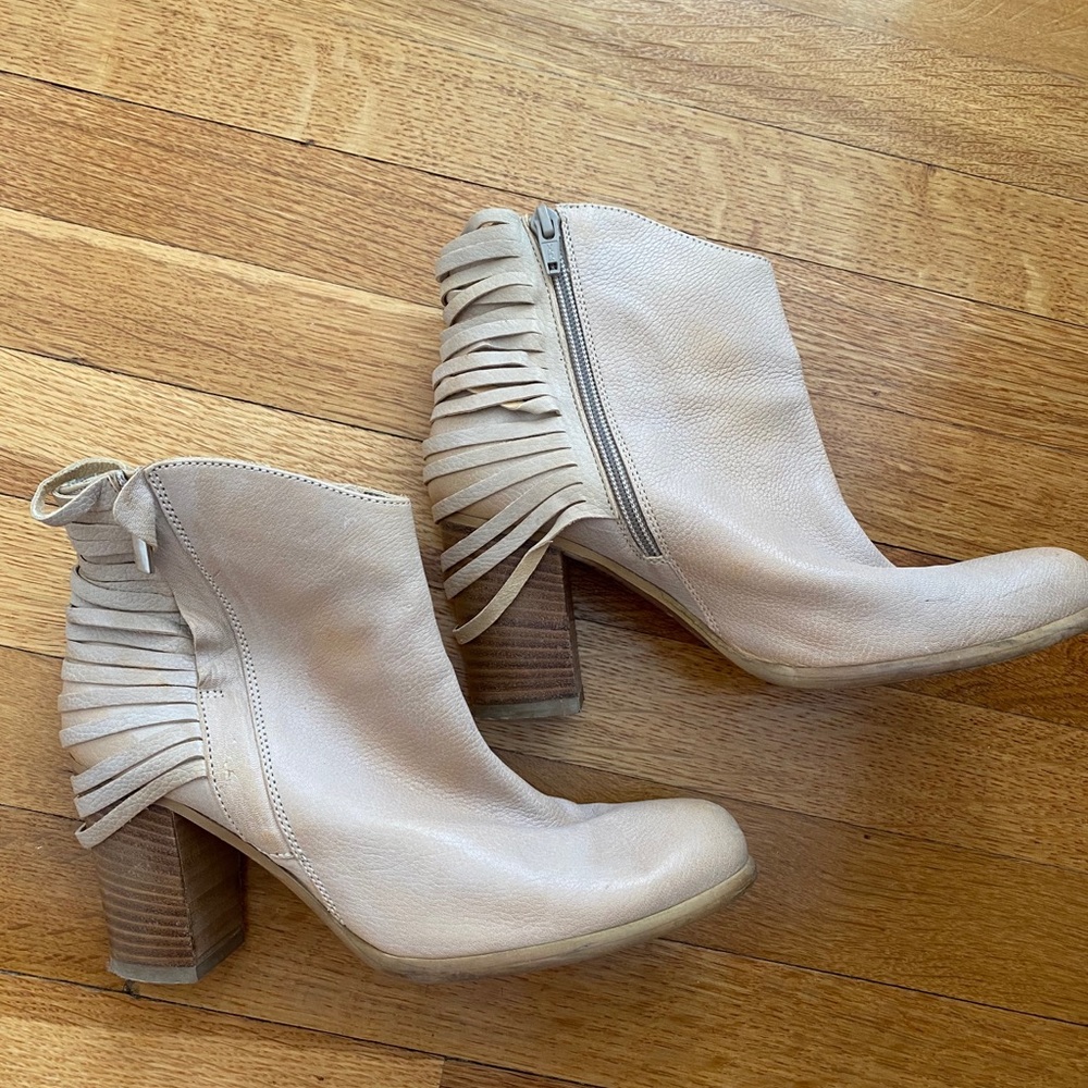 Italian booties with unique fringe neutral color
